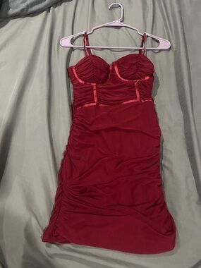 Women's Red Ruched Bustier Slip Dress